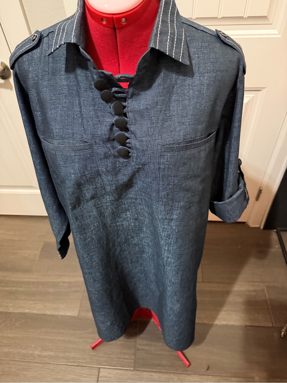 Women's Navy Denim Style Shirt Dress side slits adjustable sleeves Sz Large - Picture 7 of 16